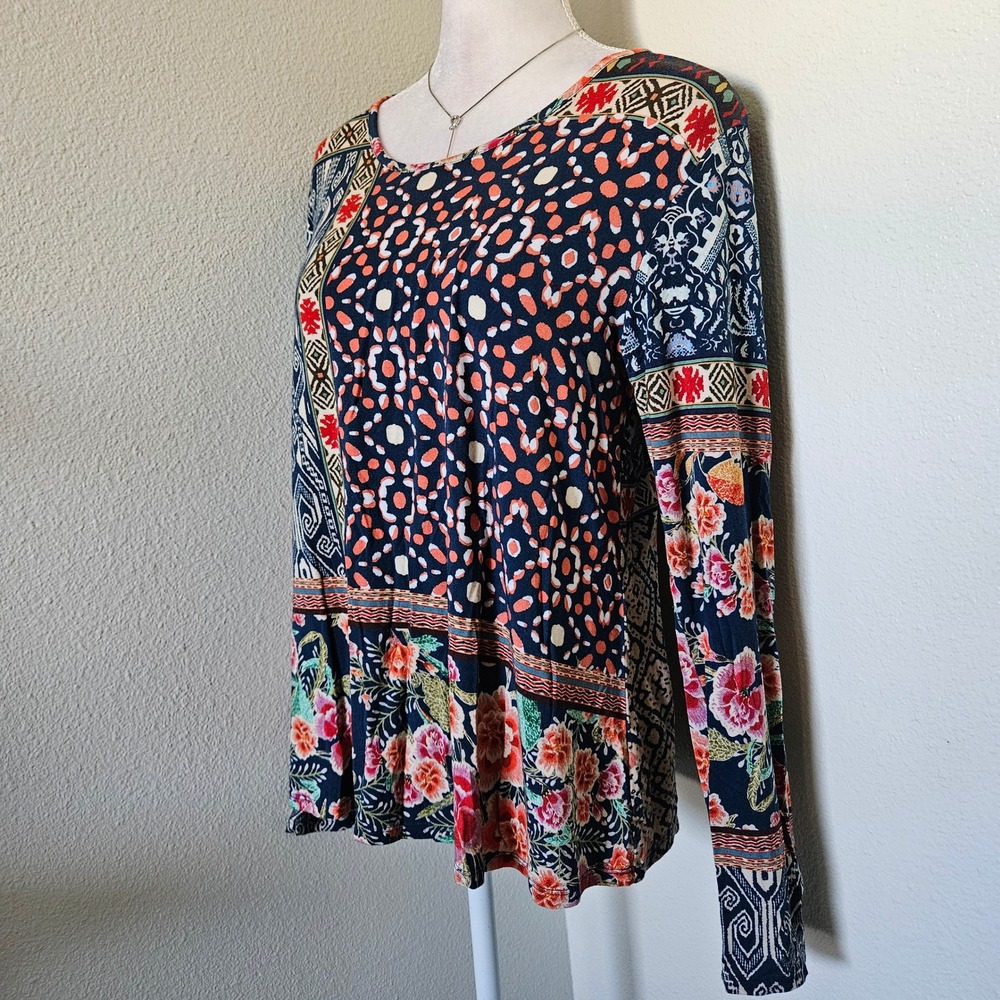 Johnny Was Mixed Print Bamboo Long Sleeve Top Floral Boho